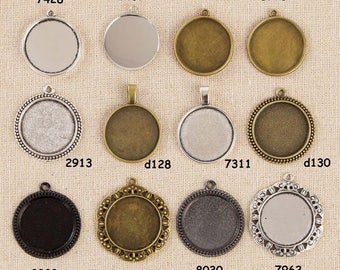 5 Round Pendant Trays, fit 1" 25mm Cabochon, Base Setting Blank Bezel Frame Cameo Antique Silver Bronze Black HK223