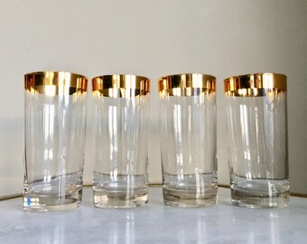 Gold Band Highball Glasses, Set Of 4. Vintage, Mid Century.