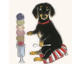 Dachshund art print sausage dog art Doxie dog art print - The Ice-Cream Lover 4" X 6" print - 4 for 3 SALE