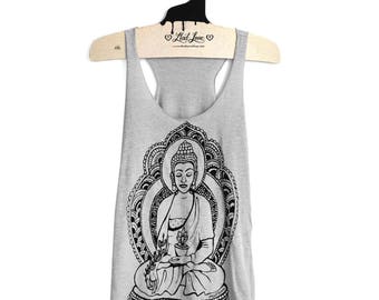 XL -Tri-Blend Light Gray Racerback Tank with Buddha Screen Print