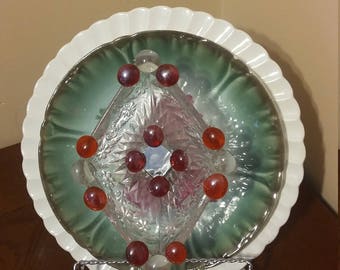 re purposed glass plate flower, yard art