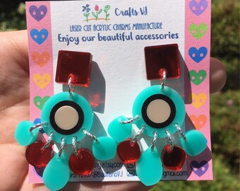 Turquoise & mirror red round drops (Laser Cut Acrylic Earrings)