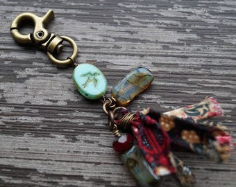 Boho Zipper Pull - Keychain - Red and Turquoise Keychain - Silk Tassel - Purse Charm - Bead Soup Jewelry
