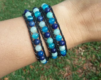 Water Element Bracelet- Triple Wrap Bracelet- Hemp Wrap Bracelet- Healing Crystal Jewelry- Elemental Jewelry- Lapis Lazuli, Amzonite, Agate