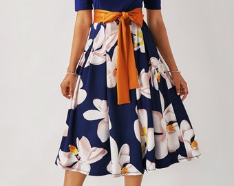 Flower Print Navy Blue Belted Dress - Free Shipping