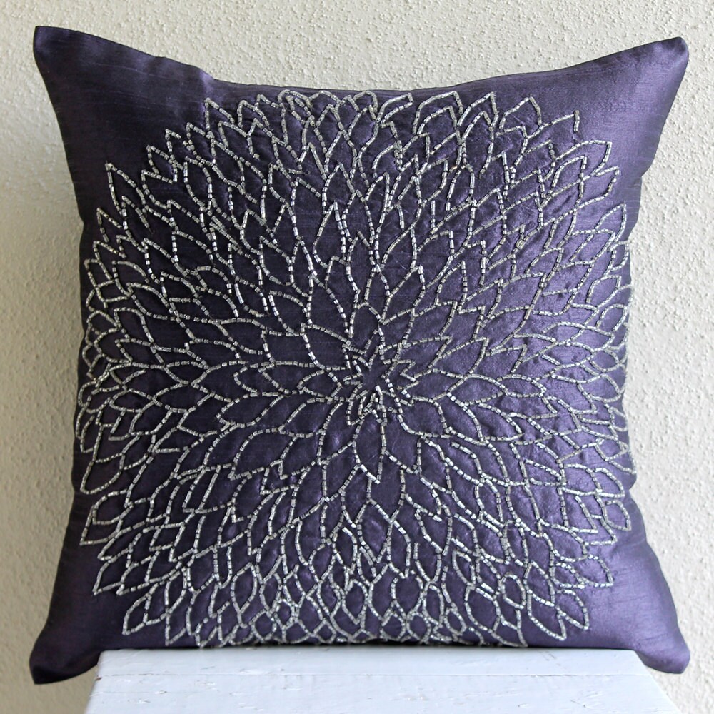 Throw Pillow Covers 20x20 Silk Bead Blue Embroidered Pillow