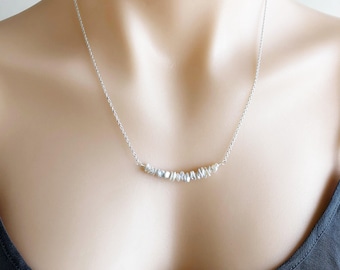 Keishi Pearl Bar Necklace in Sterling Silver, Stacked Natural Pearl Necklace, Simple Pearl Jewellery