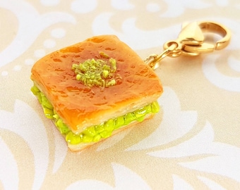 Handmade Baklava with Pistachio Charm - Polymer Clay Charm - Miniature Food Jewelry