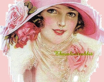 SALEFabric Block Sale.Girl with pink roses on a cloche hat. Two identical cotton fabric blocks. Use like any fabric you sew with.