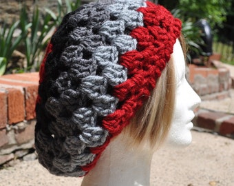 Retro Style Granny Square Crochet Hat - Red, Black and Grey Crocheted Beret