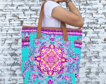 Weekender Bag Summer Large Tote Canvas bag Colorful Neon Printed Canvas Tribal Hobo Hippie bag Weekender bag Beach bag Boho Bag Beach Purse.