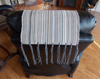 CHAIR HEADREST PROTECTORS Set of 2. Machine Washable . Non skid Backing . Fringed and Beaded for Back of Chair . Neutral grays and Beiges