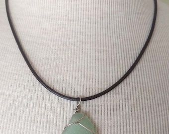 Green Sea Glass Necklace/Pendant/Aqua Seafoam/Sterling Silver Wire Leather/Jewelry/Urban Boho/Maine