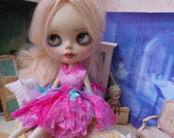 OOAK BLYTHE DRESS - Vintage Styled Shabby Elegance Tattered/Layered/Hand-Dyed Silk Dress - Party Colors