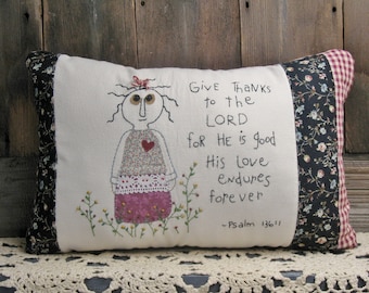 Primitive Stitchery Pillow, Primitive Decor, Christian Decor, His Love Endures Forever