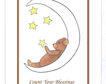 Inspirational Cards, Note Cards, Custom Note Cards, Teddy Bear, Greeting Cards, Moon and Stars, Water Color Painting, Blank Note Cards