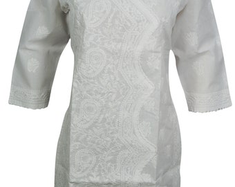 Womens White Cotton Tunic Floral Embroidered Stylish Long Sleeves Cover Up Comfy Dress S