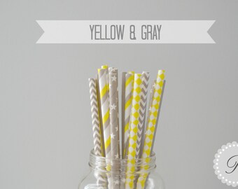 YELLOW & GRAY Paper Straws // Stars - Harlequin - Chevron - Solid - Stripe // 5 Designs // Baby Shower // Wedding // Party