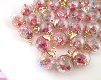 Eight 15mm Rainbow Rhinestone Filled Glass Dome Terrarium Pendants, Cute Globe Shaker Settings #1134