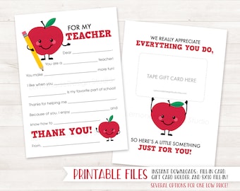 PRINTABLE Teacher Thank You Card, End of Year Teacher Gift Card Holder Teacher Appreciation Printable Appreciation Gift Fill in Teacher Card