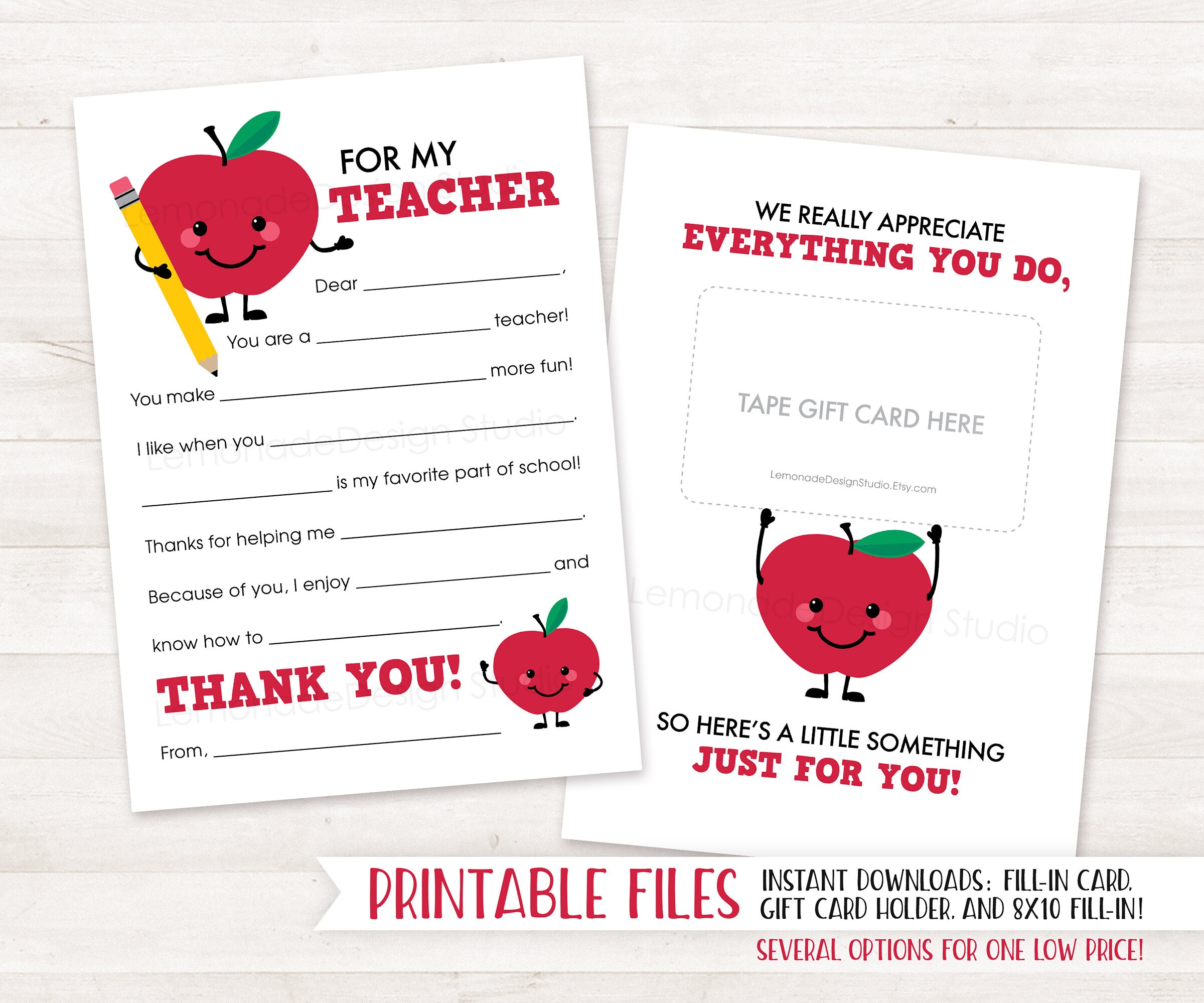printable teacher thank you card end of year teacher gift