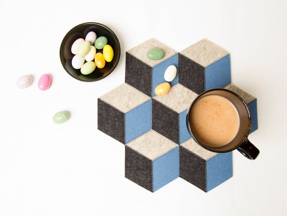 Small table mat / wool felt / light blue and grey / wool felt mat / geometric table mat / handmade / made in Italy
