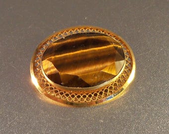 Danecraft Tiger Eye Brooch, 12K Gold Filled Filigree, Gemstone