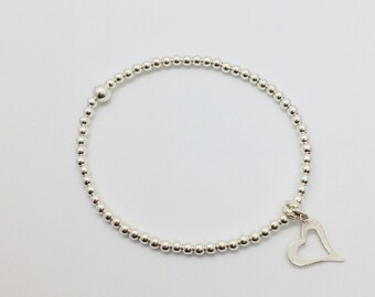 Sterling Silver Beaded Bracelet, Silver Bead Bracelet, Stacking Bracelet, Stretch Bracelet, Bracelet with Heart Charm