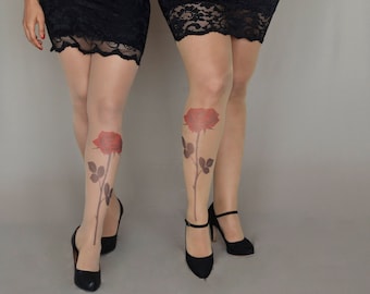 Tattoo Tights with Rose, Semi-Sheer Tights, S-XXL Sizes Available, Printed Tights, Pantyhose, One Pair