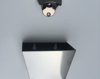 Wall mounted bottle opener with bottle cap catcher tray