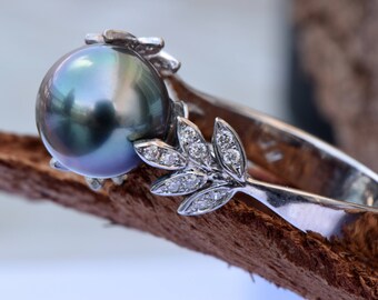 Black pearl ring-14K White Gold-Wedding Jewelry-Black pearl engagement ring-Wedding & Engagement-Anniversary present-Leaf ring-Art deco ring