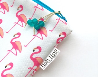 Flamingo Wet Bag, Summer Love Bikini Bag, Water Resistant Zipper Pouch, Recycled Canvas Beach Bag, Wipe-able Handmade Gift for Her, Mess Bag