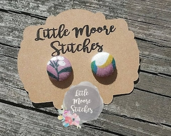 Mauve Floral Fabric Button Earrings