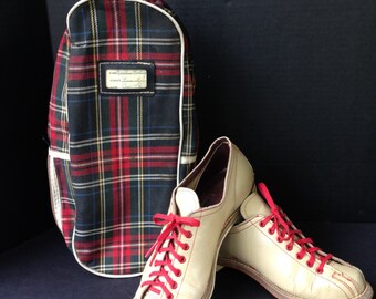 Vintage Brunswick Ladies Tan Bowling Shoes with Tartan Shoe Bag, Footwear, Athletic Shoes