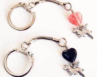 Pig With Wings Heart Keychain Your Choice Black or Pink, Silver Tone When Pigs Fly Flexible Keychain, Easy Open Flying Pigs Silver Keychain