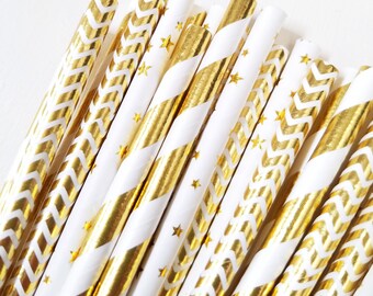Twinkle Twinkle Little Star Gold Foil Paper Straws - Gold Star Straws - Gold Chevron - Gold Stripes - Set of 25