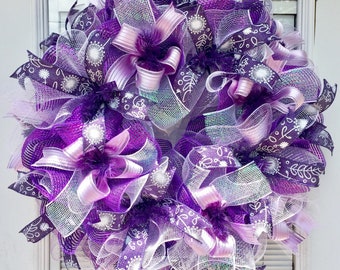 Deco mesh wreath, Spring wreath for front door, purple wreath, summer wreaths for front door, everyday Wreath, Summer Deco Mesh wreath