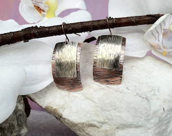 Sleek copper and silver earrings, hammered metal earrings, mixed metal