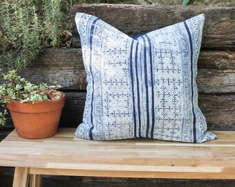 Indigo Batik Throw Pillow; handwoven hemp; 20x20