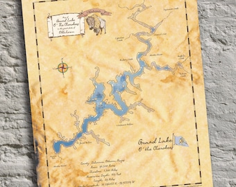 Grand Lake O' the Cherokees, Oklahoma, Vintage Inspired Lake Map Print. Personalizable Lake Art and Cottage Decor. Great Housewarming Gift!