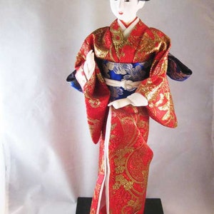 Japanese Geisha Doll Glass Eyes Gofun Red/Blue Silk Kimono & Obi