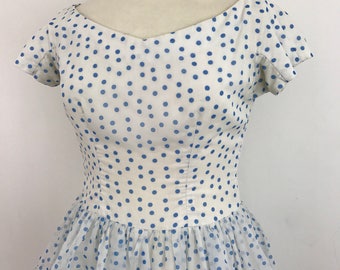 Original 1950s dress 1960s Spotty dress Blue white puffball skirt spotted 50s party Dress nylon Peck UK 14 pin up rockabilly VLV