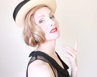 1930s VINTAGE Hat / 30s Hat / Nautical / Straw / Wide Brim / Black Trim / CUTE