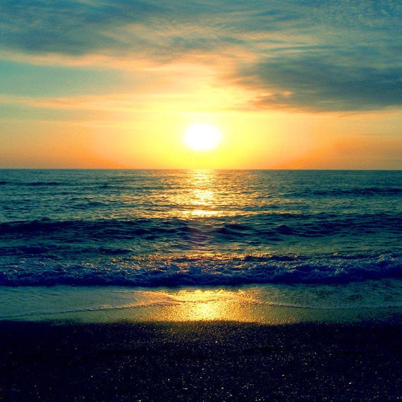 Beach Sunset Art Print Navy Blue Aqua Orange Sky Ocean