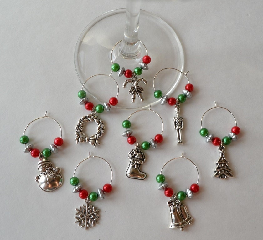 Holiday wine charms with antique silver themed pendants and