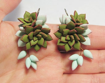 Green Succulent Earrings. Polymer clay earrings. Dangle earrings. Polymer clay jewelry. Miniature Plant Earrings. Wedding Succulent Jewelry