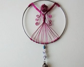 Magenta Wire Lady with Clear Quartz Stone-Abalone Shell Beads and Rose Quartz Beads