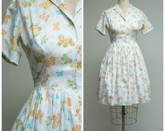 Vintage 1950s Dress • Butterflies • Blue Orange Printed Cotton 50s Shirtwaist Dress Size Medium
