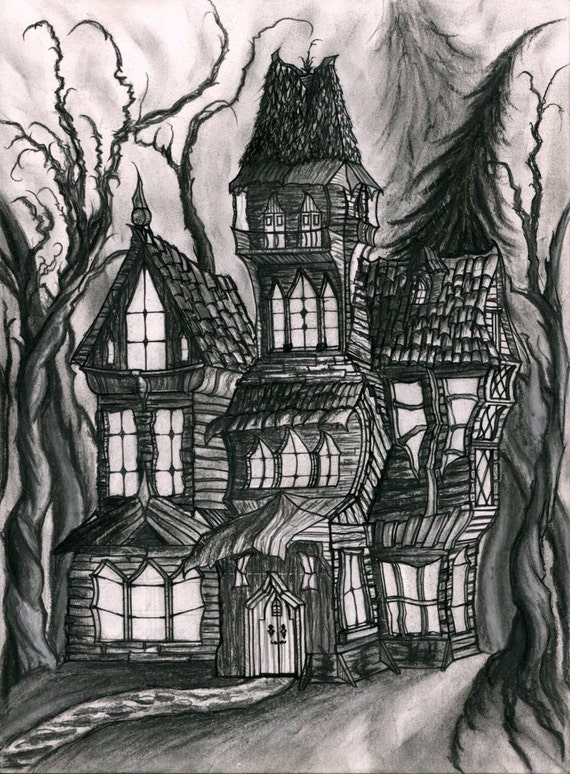 Print of an original drawing of a Haunted House. Dark fantasy