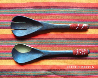 African Salad Server - Wooden Spoons - Handmade Spoon Set - Fork - Cutlery - African Print